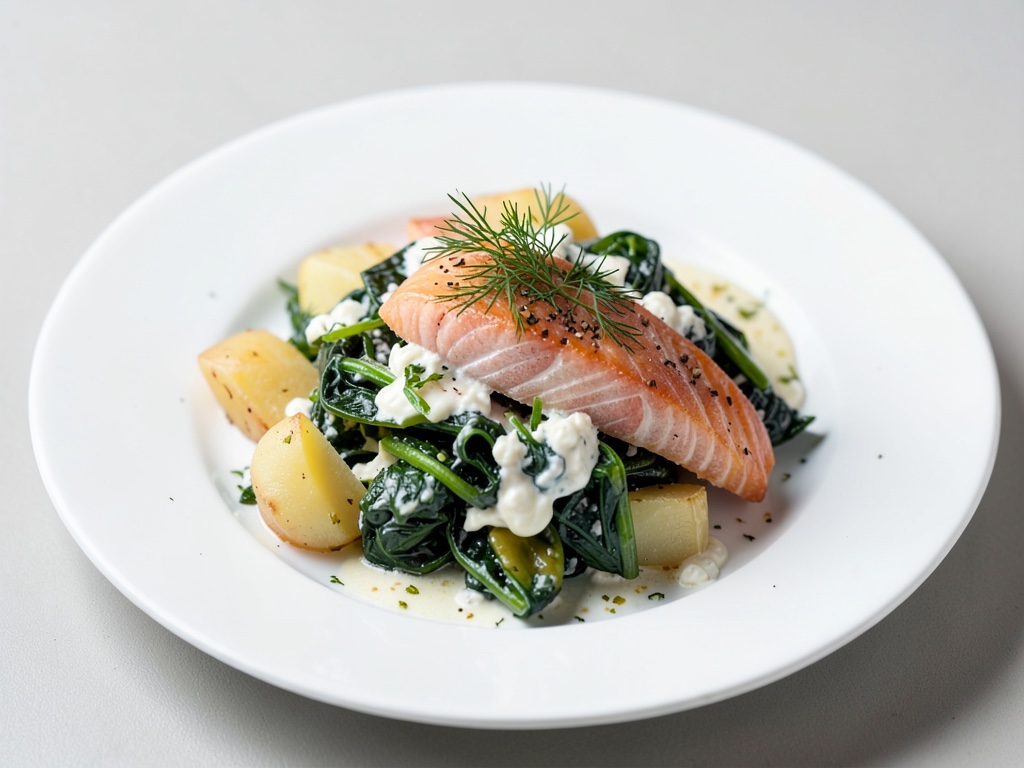 Insalata di salmone, patate e spinaci con aneto e panna