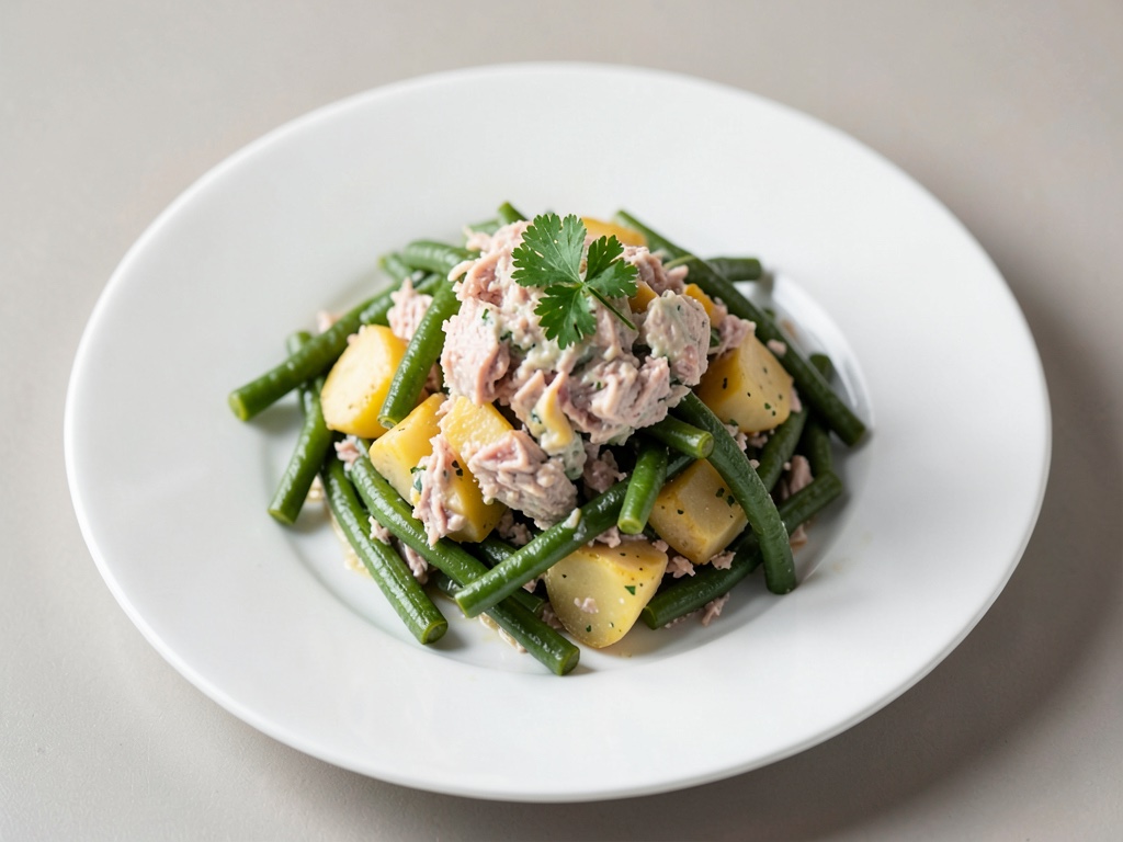 Insalata di patate e tonno saporita con fagiolini freschi