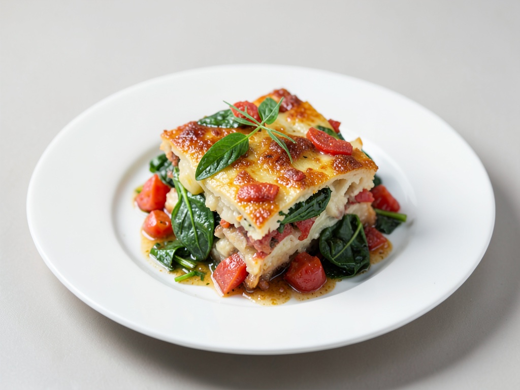 Gratin di patate e pomodori con spinaci