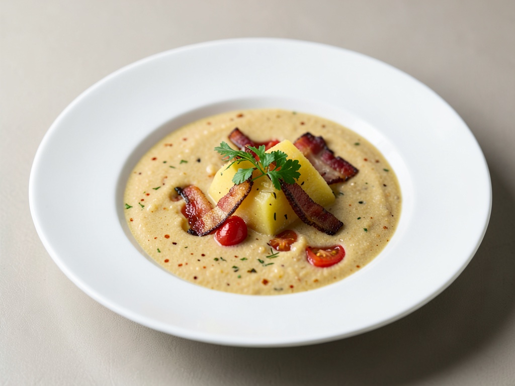 Zuppa cremosa di patate e pomodori con pancetta croccante
