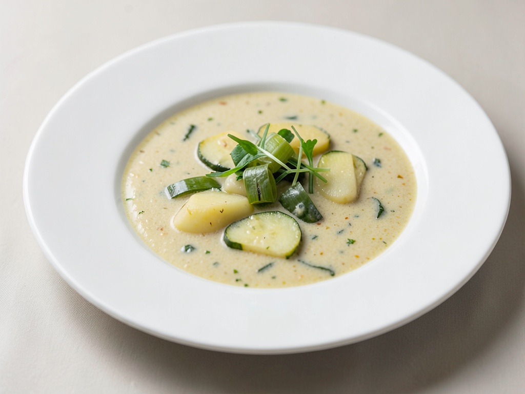 Sopa cremosa de patata y calabacín con puerro