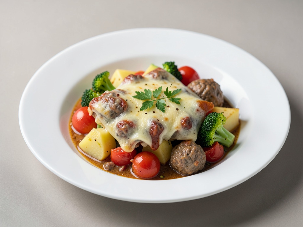Classica gratin con patate, polpette, broccoli e pomodori