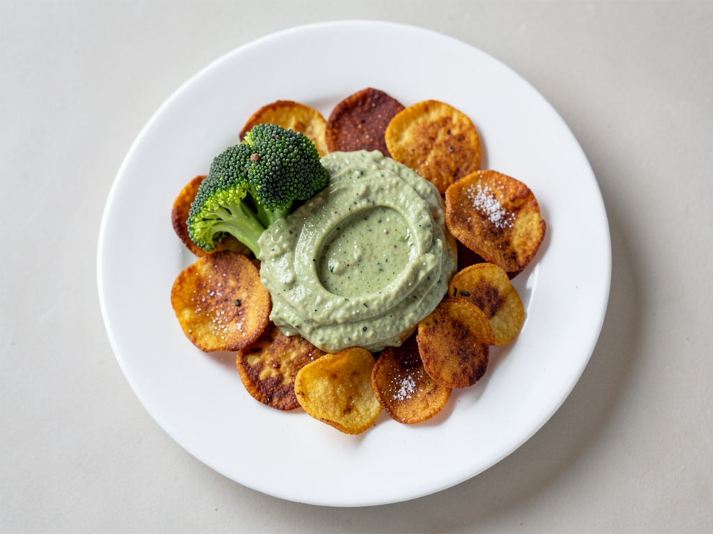 Patatine croccanti di patata dolce con crema di broccoli