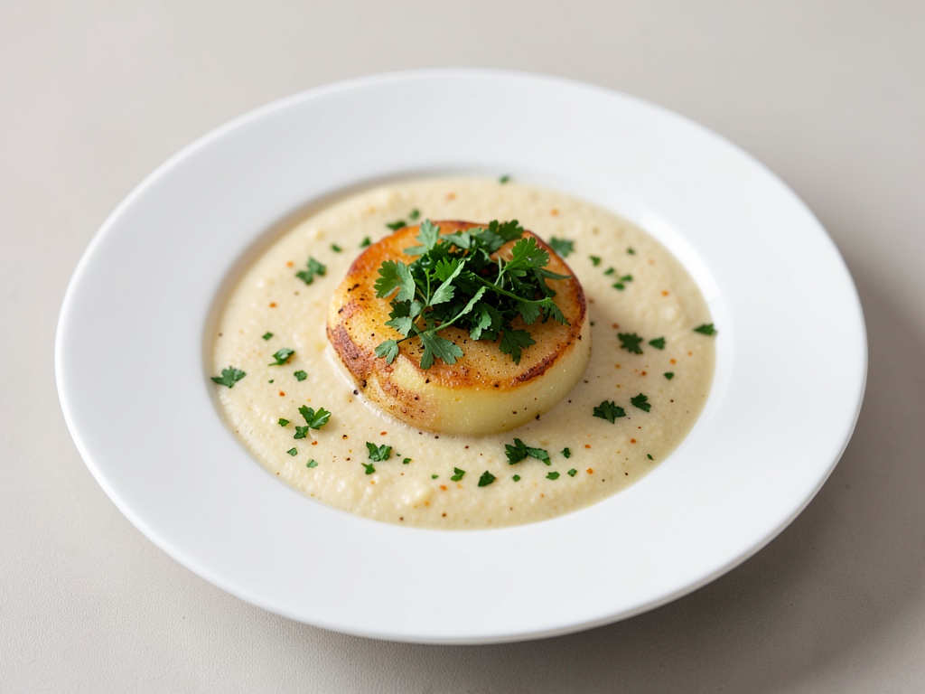 Zuppa di patate cremosa con guarnizione di erbe fresche