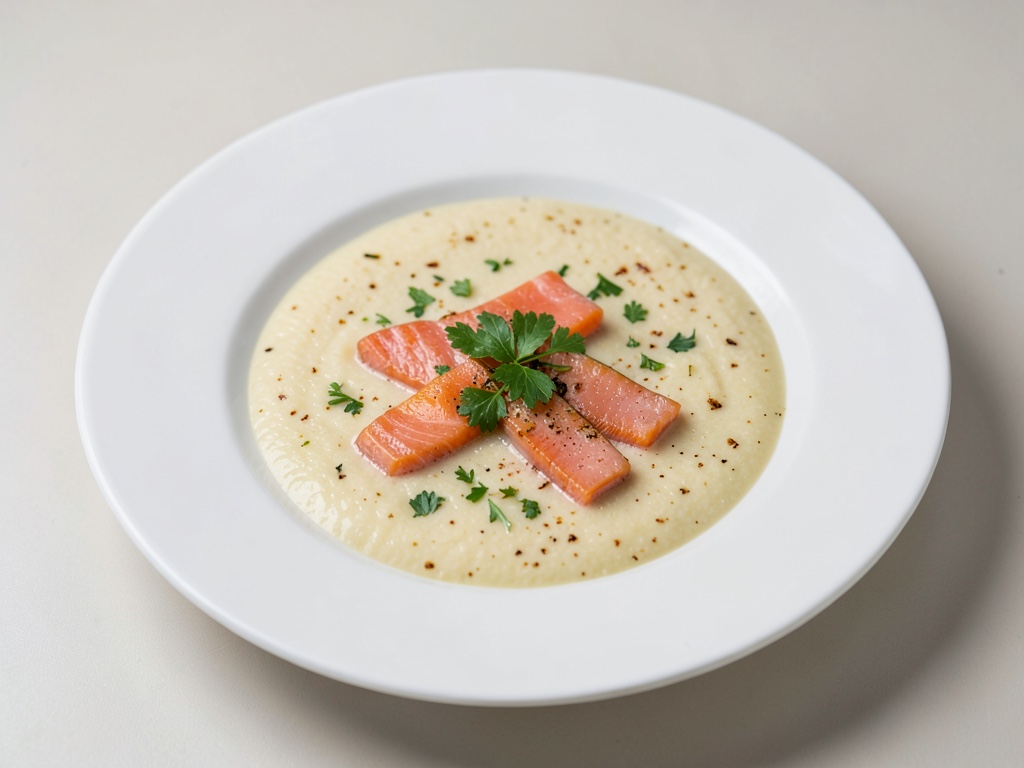 Zuppa cremosa di patate con striscioline di salmone