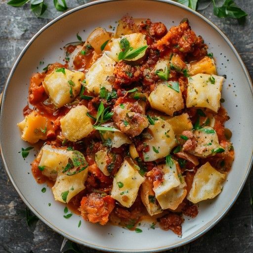Gnocchi di patate croccanti con salsa di pomodoro e carne macinata piccante