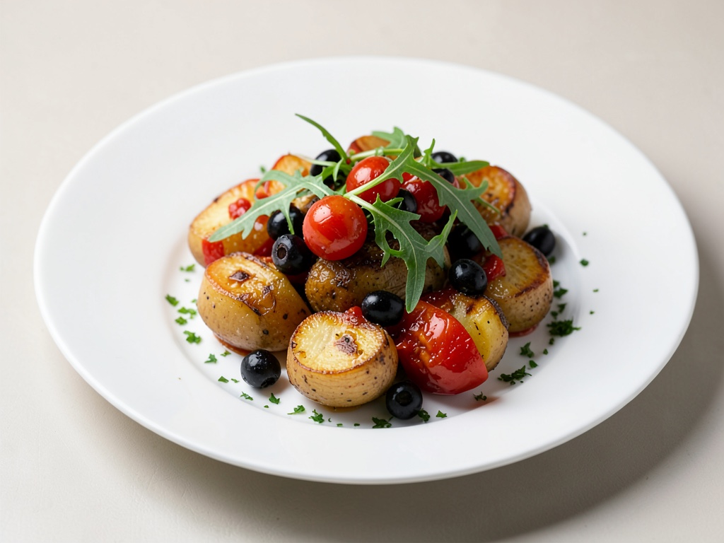 Patate al forno con pomodori, olive e rucola