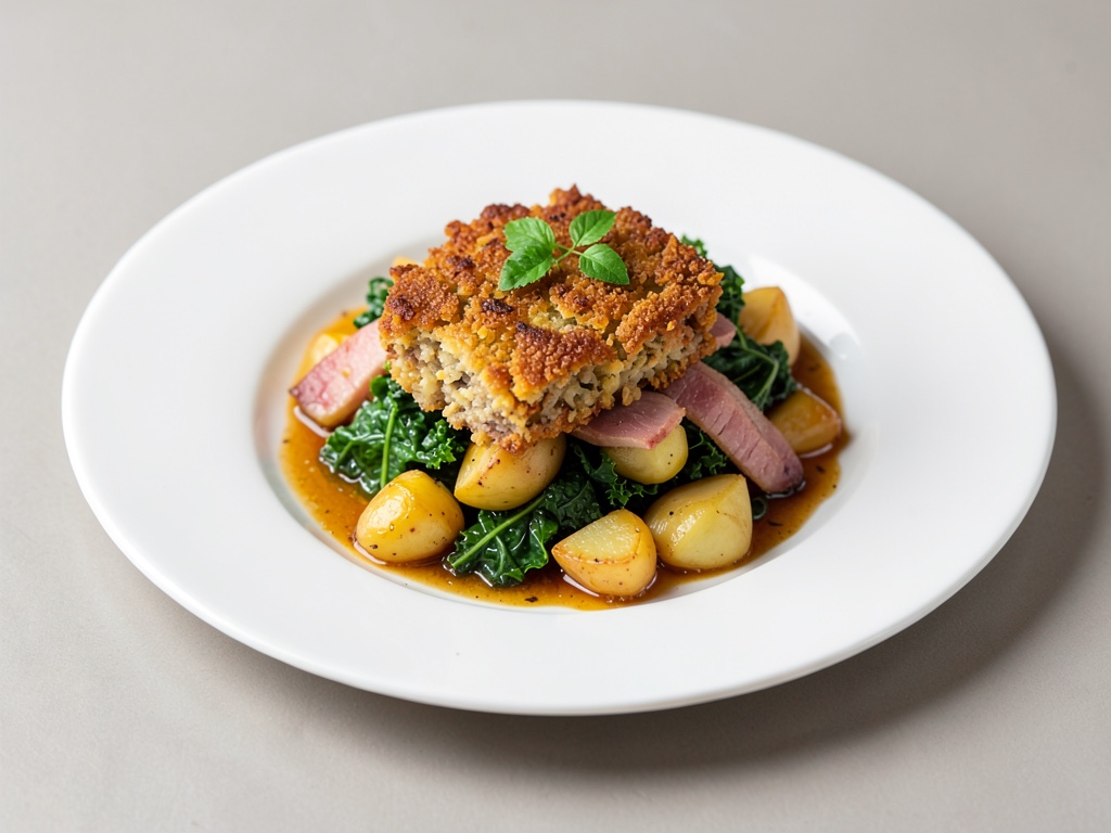 Gratin croustillant au chou frisé, aux pommes de terre et au jambon