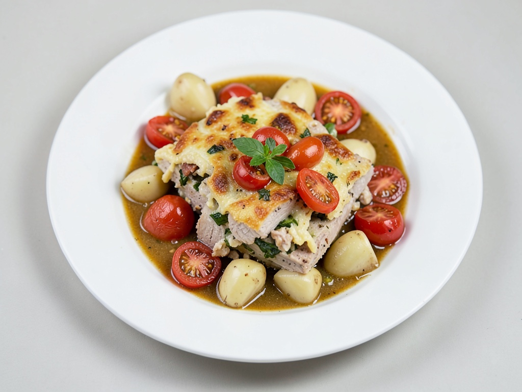 Gratin de pommes de terre croustillant à la dinde et aux tomates