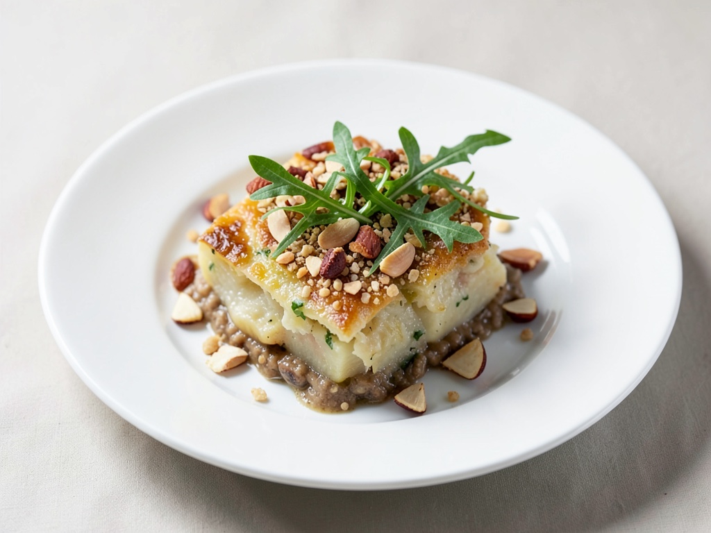 Gratin di patate vegano con mandole croccanti e rucola fresca