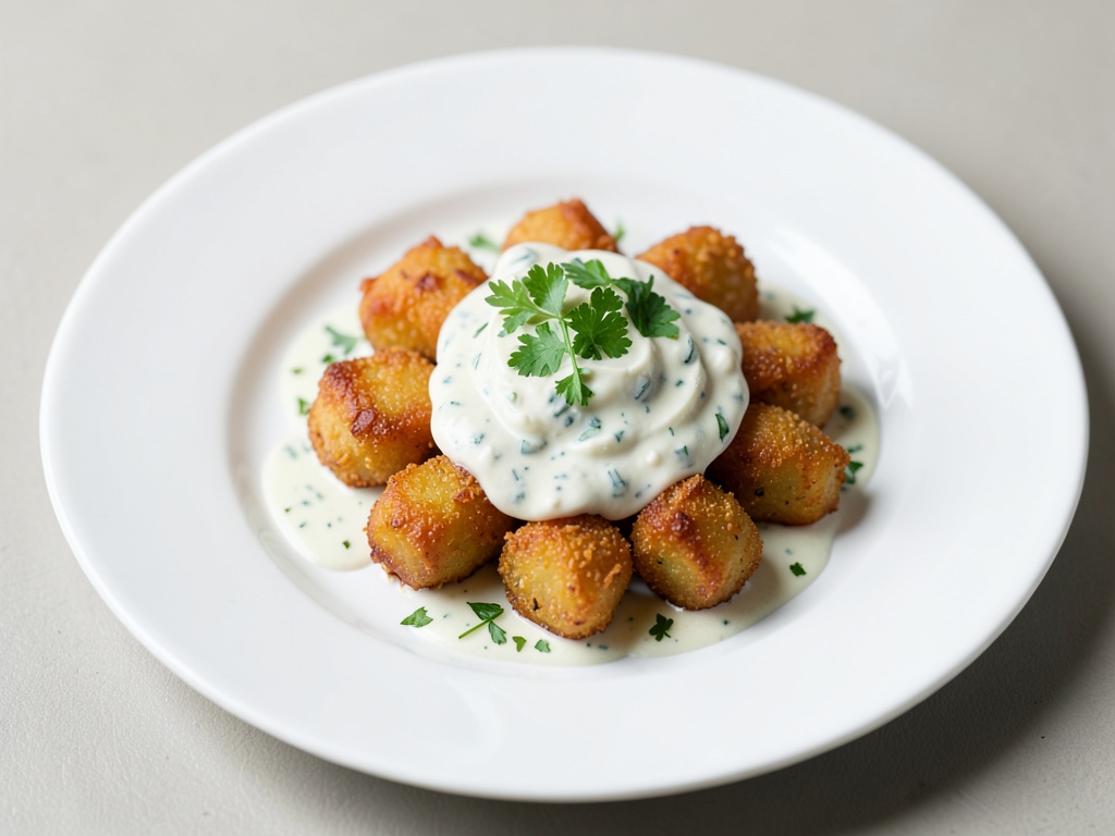 Polpette di patate croccanti con salsa allo yogurt e aglio orsino