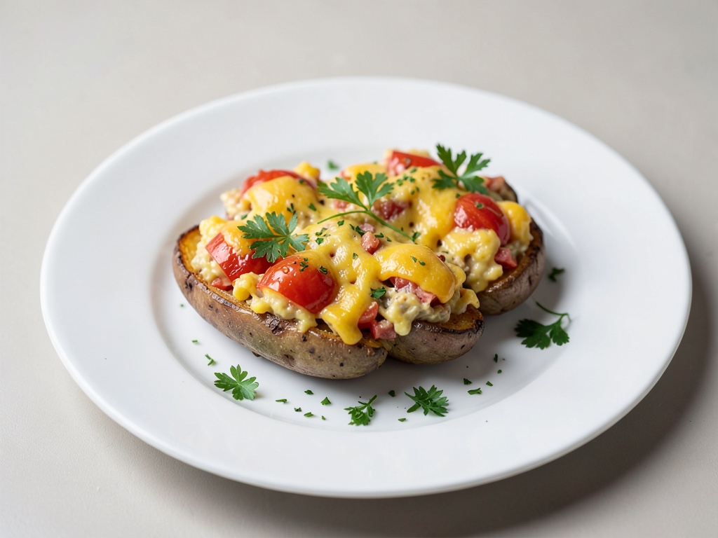 Patatas al horno rellenas con mezcla de queso y tomate