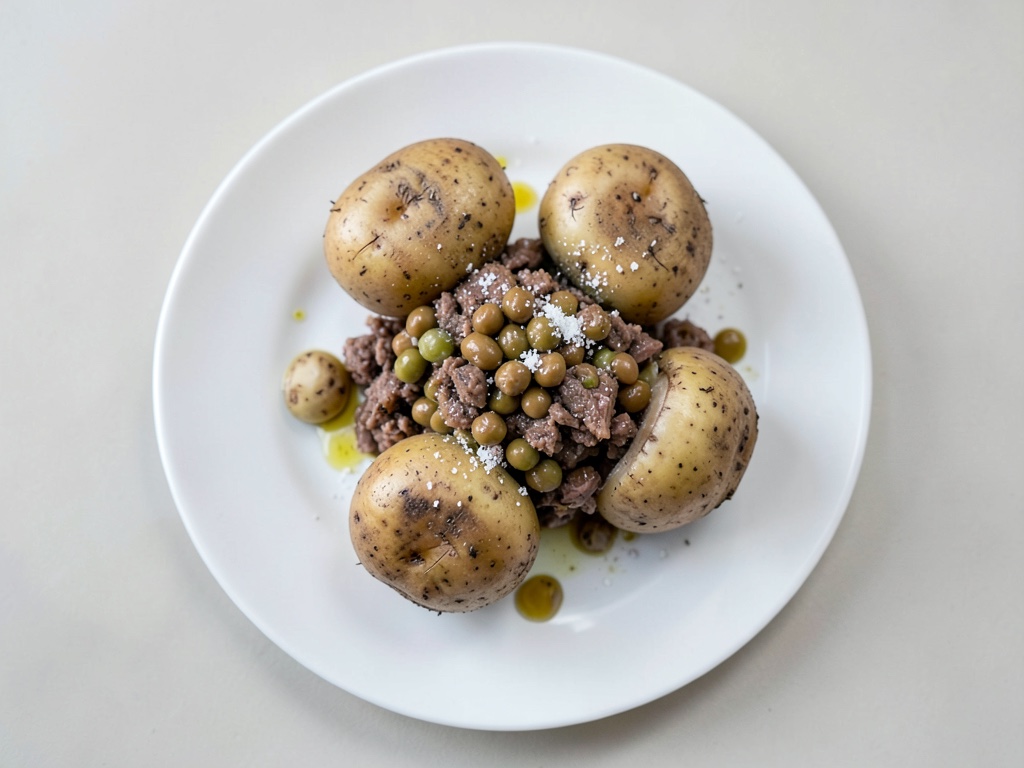 Patatas al horno con cobertura de carne picada y judías especiadas