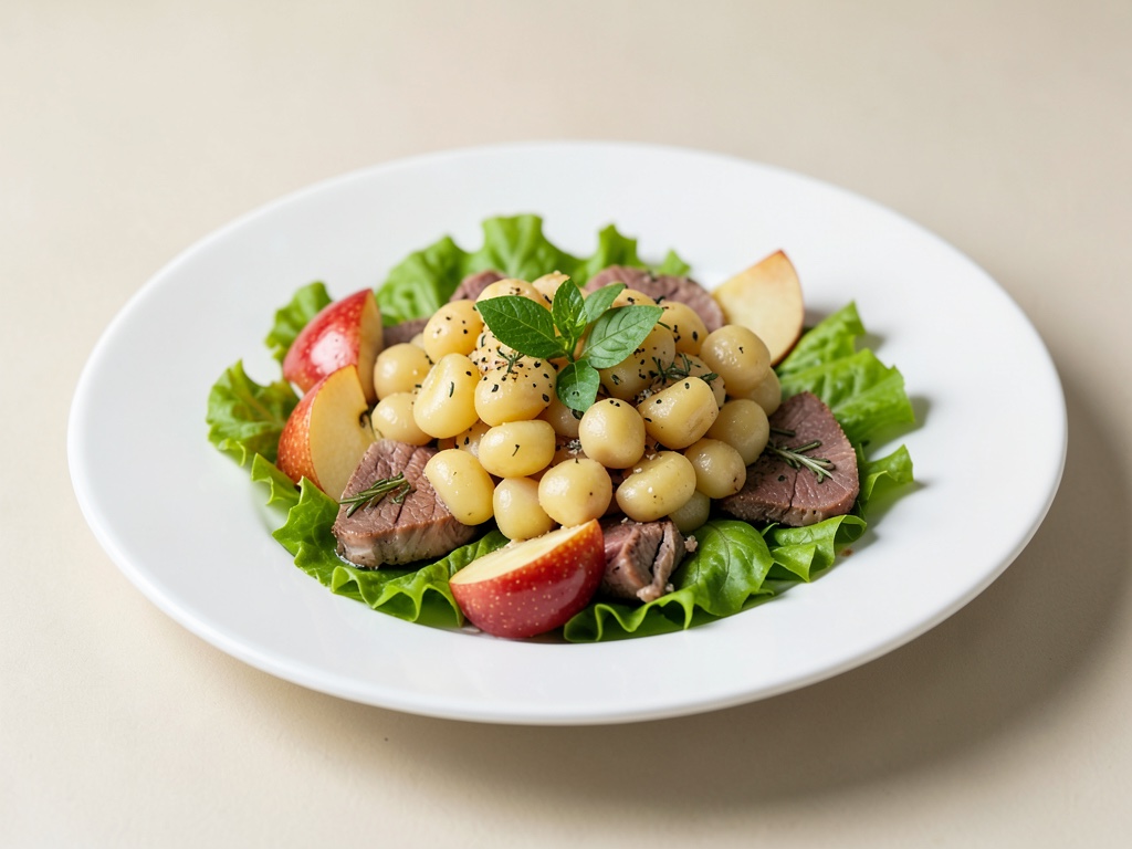 Gnocchi di patate con mele su insalata di valeriana