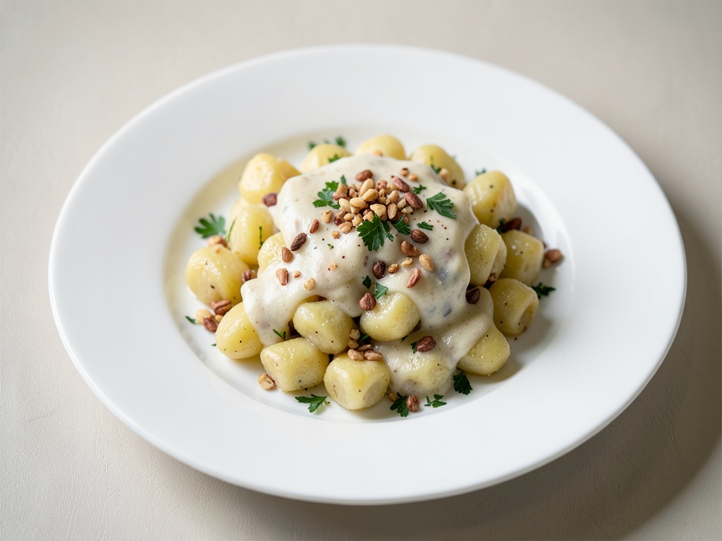 Knödel di patate con salsa al formaggio e pinoli