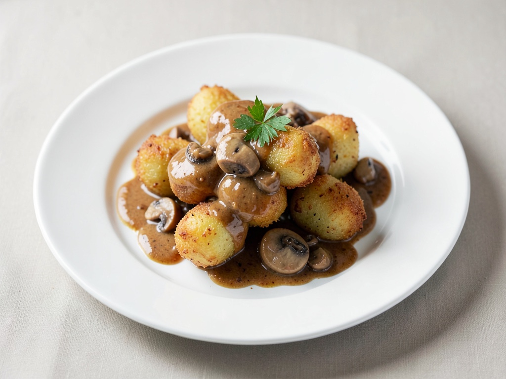 Polpette di patate croccanti con salsa ai funghi champignon