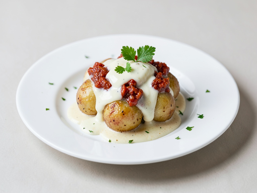 Boulettes de pommes de terre crémeuses avec topping yaourt piment