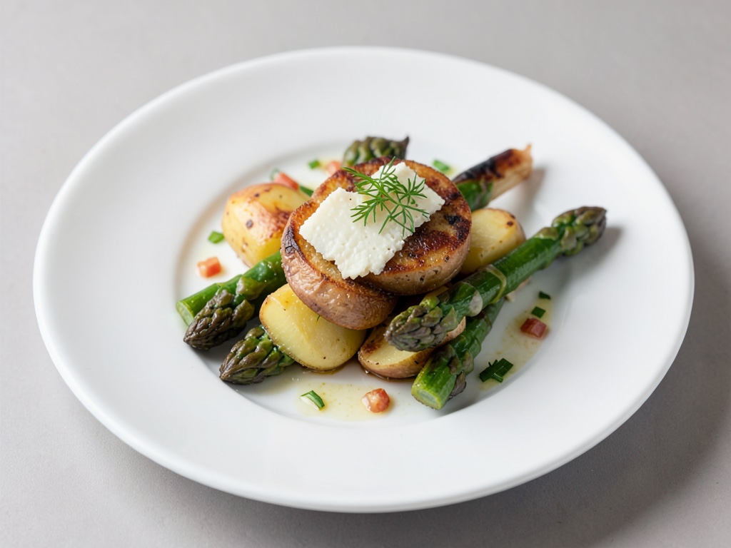 Poêle de pommes de terre et asperges au Roquefort