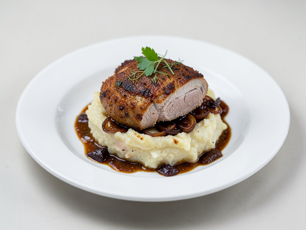 Petto d'anatra croccante con gratin di patate cremoso e cipolle caramellate