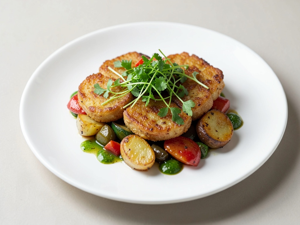 Patate croccanti con verdure stufate e crescetta fresca