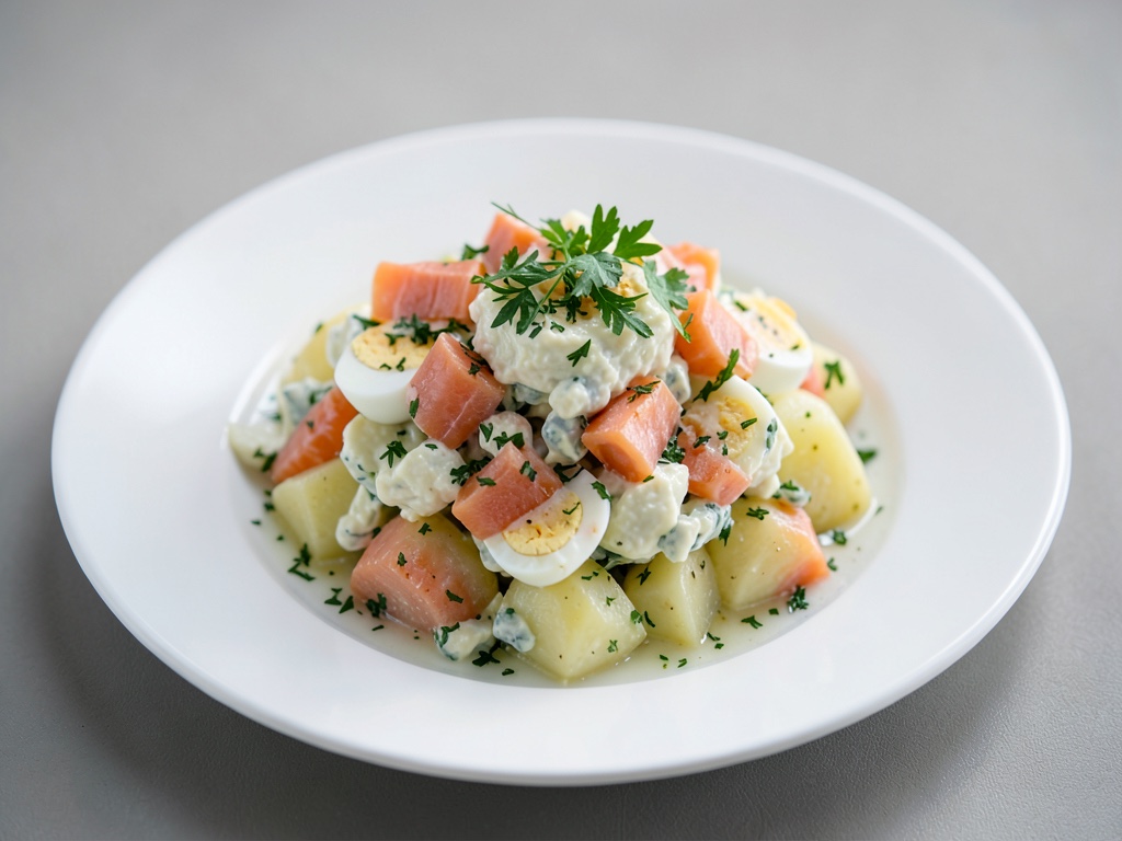 Classica insalata di patate con salmone, uova ed erbe