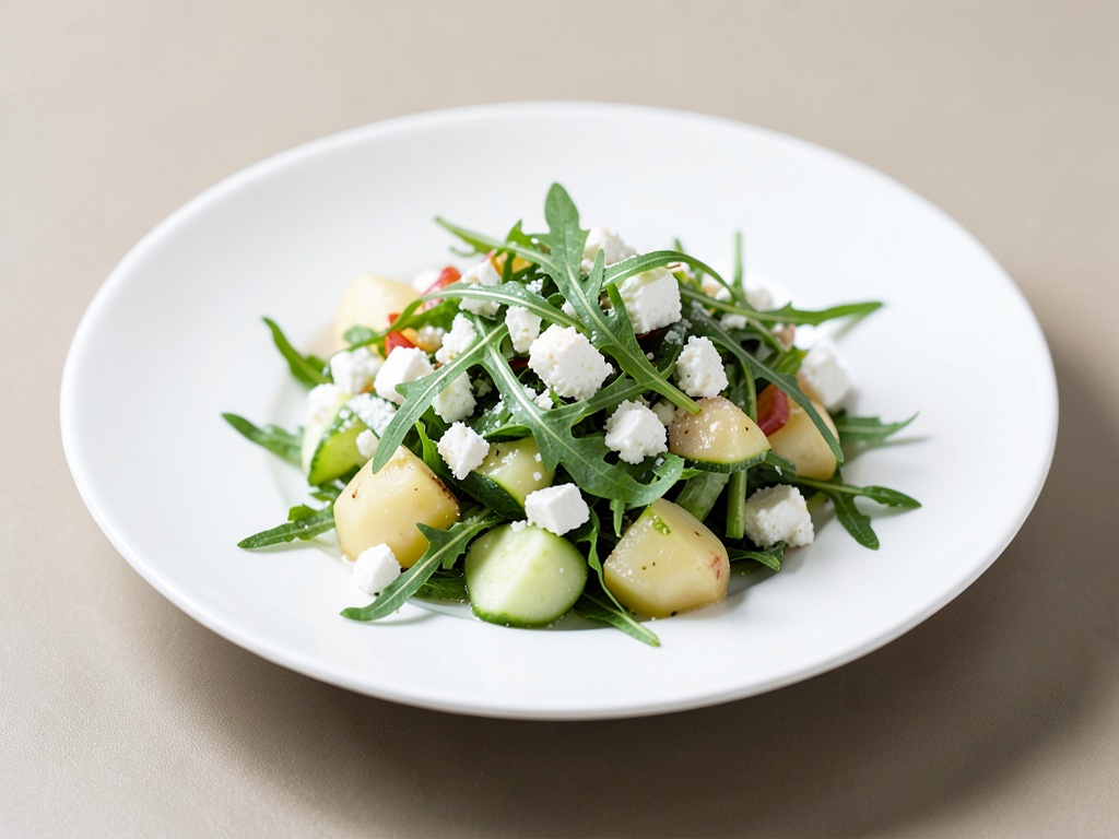 Insalata di patate fresche con feta, cetriolo e rucola