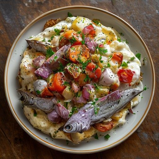 Ensalada de patatas clásica con pescado y carne