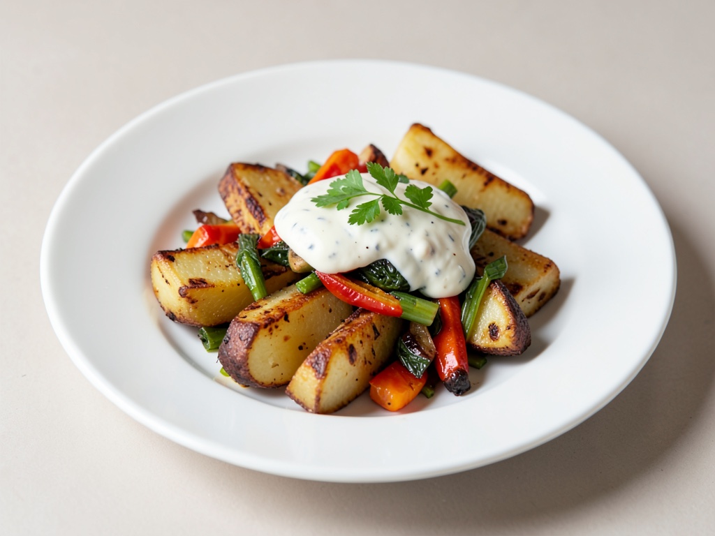 Patate al forno con verdure stufate e condimento allo yogurt