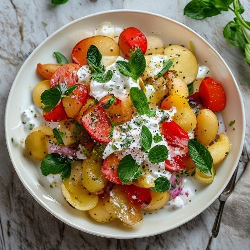 Insalata di patate fresche con menta e condimento allo yogurt