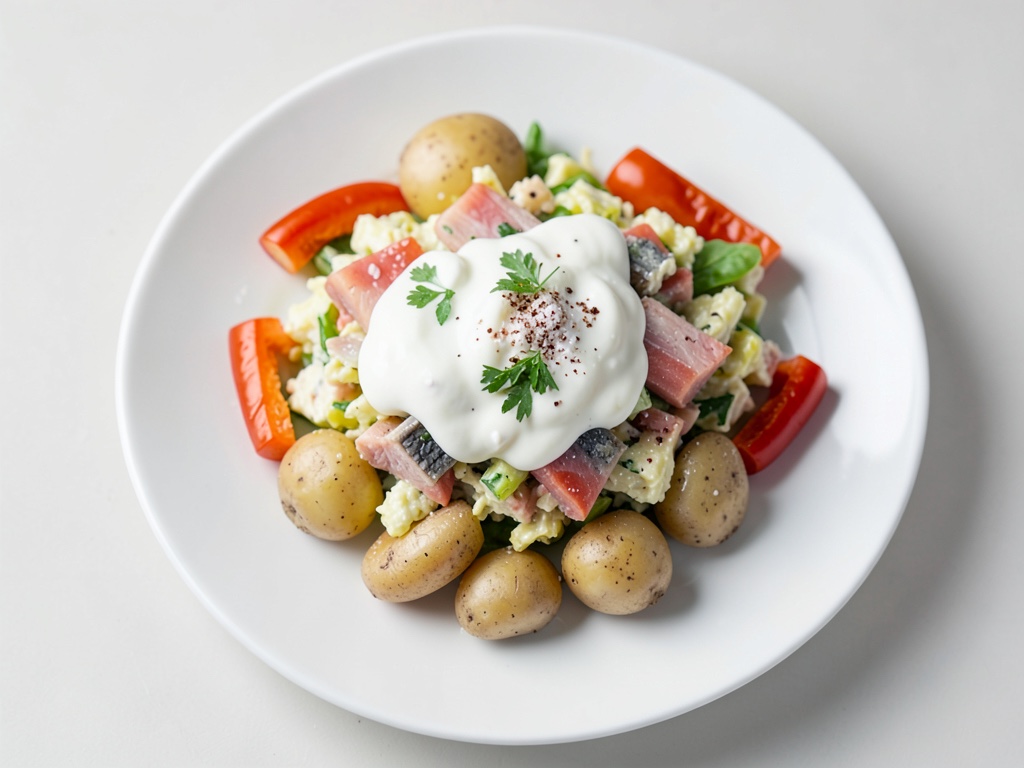 Insalata di patate classica con maionese, uovo e tonno