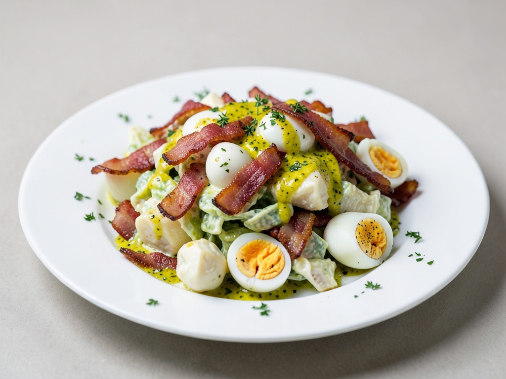 Salade de pommes de terre classique avec bacon croustillant, œufs de caille et sauce à la moutarde relevée