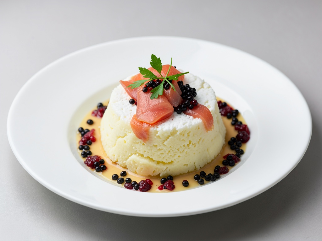 Nieve de patatas esponjosa con caviar de salmón y salmón ahumado