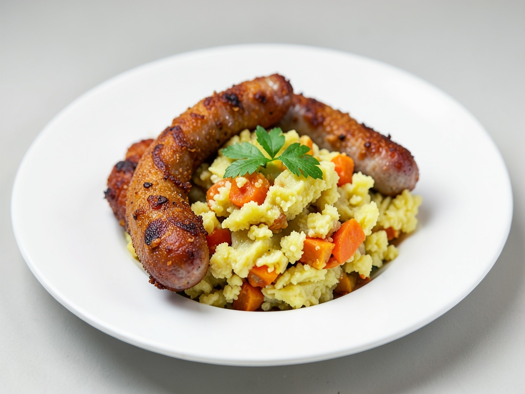 Purea di patate e zucca con salsicce fritte