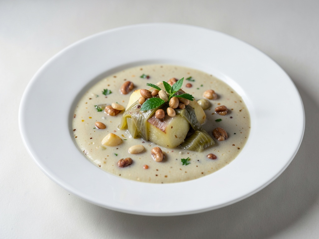 Zuppa cremosa di patate e porro con noci