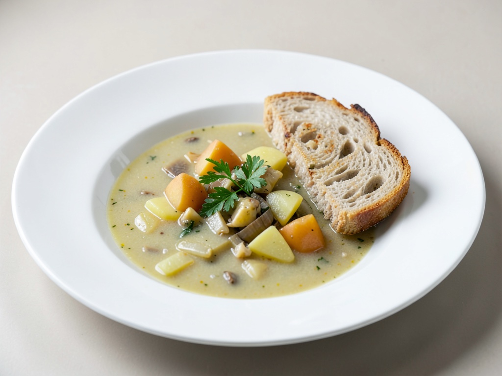 Zuppa di patate e cipolle di Norimberga con pane croccante