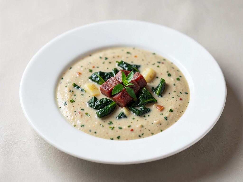 Zuppa cremosa di patate e cavolo nero con chorizo