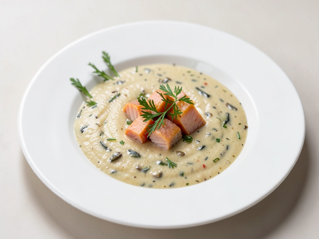 Soupe crémeuse aux pommes de terre et poireaux avec dés de saumon