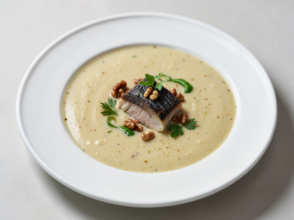 Zuppa cremosa di patate con sgombro affumicato e noci