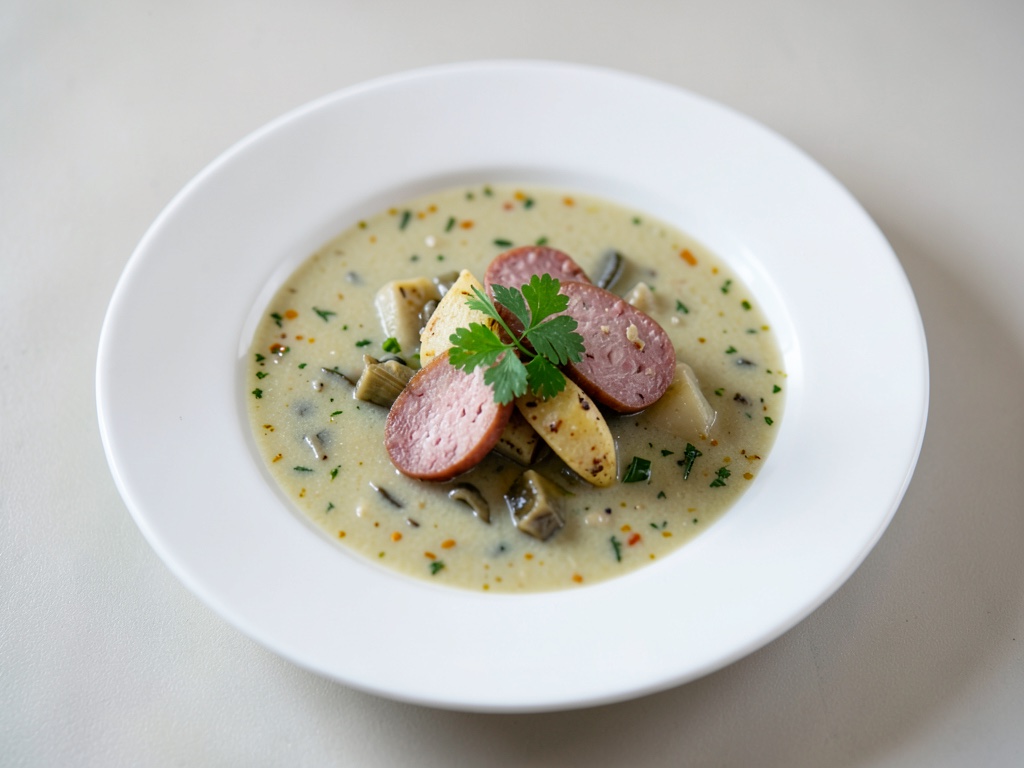 Soupe savoureuse de pommes de terre et poireaux avec saucisse fumée