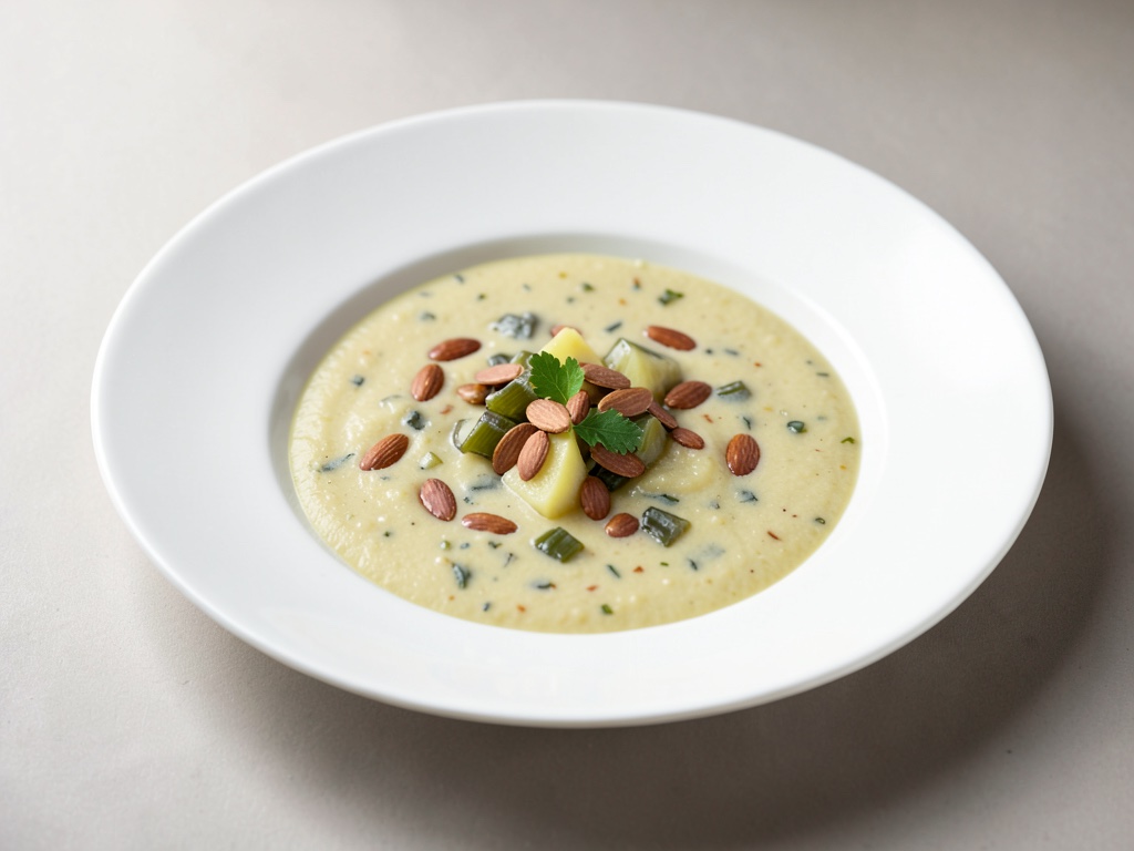 Zuppa cremosa di patate e porro con mandorle tostate