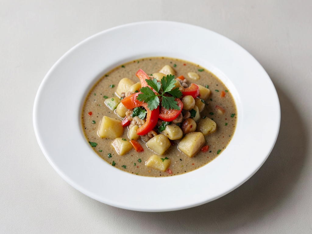 Herzhafte Kartoffel-Nudel-Suppe mit Paprika