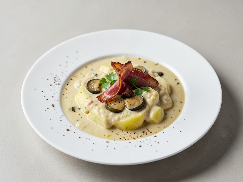 Soupe crémeuse de pommes de terre et cèpes avec bacon croustillant