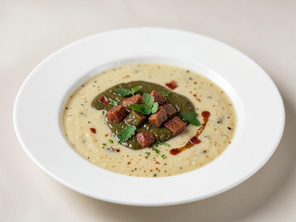 Sopa cremosa de patatas con chorizo picante y dip de aceitunas ahumadas