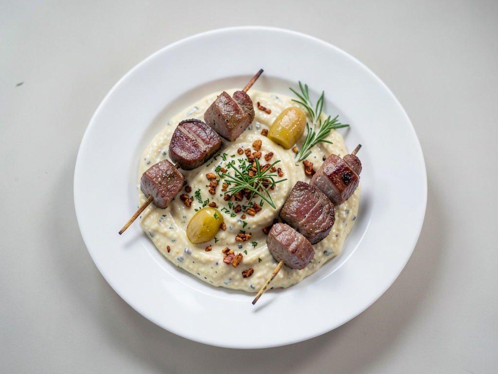 Zuppa vellutata di castagne con spiedini di carne alla griglia