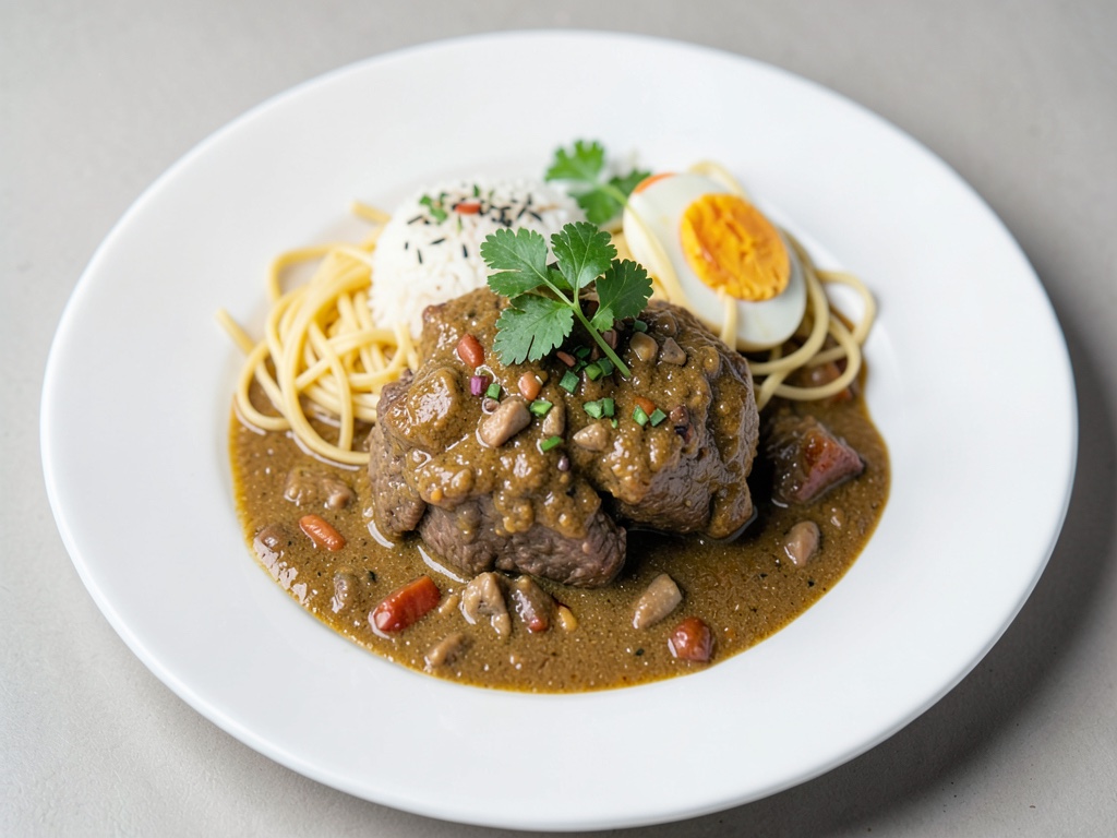 Curry di agnello con noodles di riso e uova