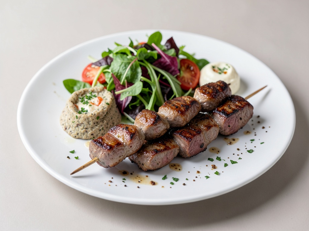 Lamb Kebab Skewers with Fresh Salad and Yogurt Pockets