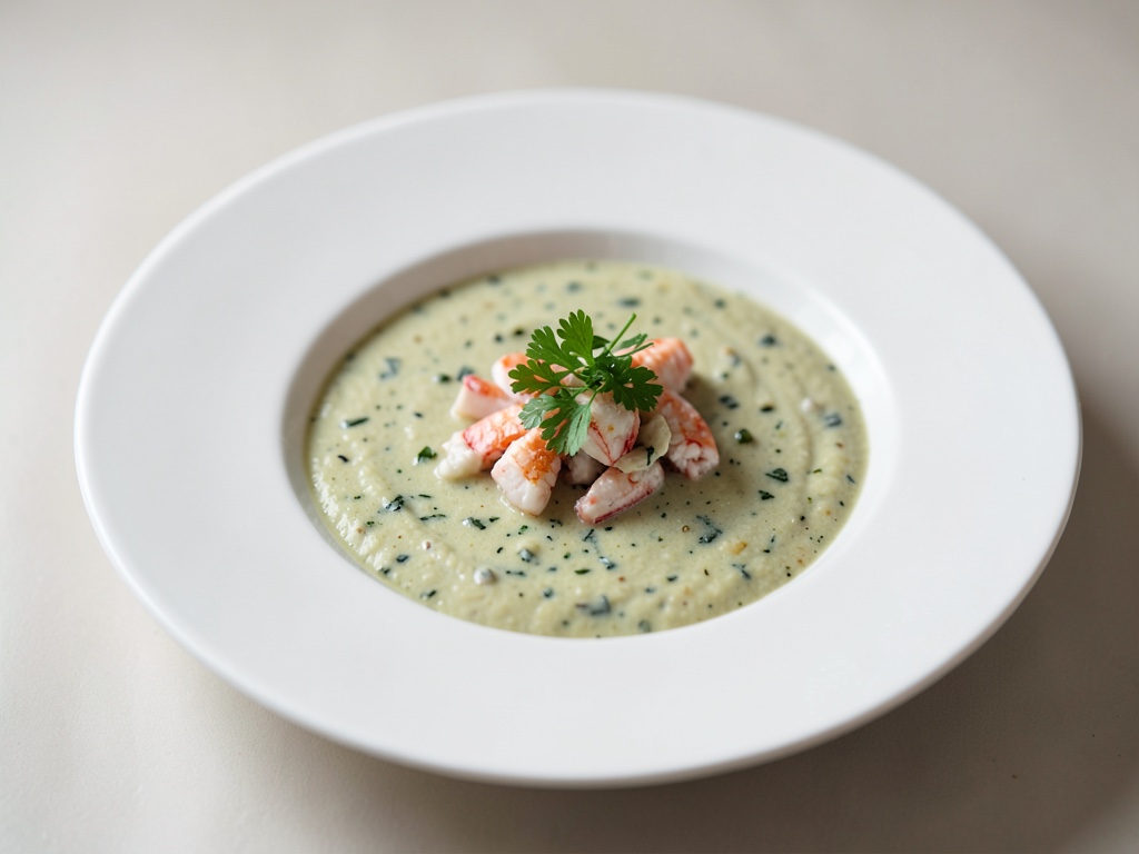 Zuppa cremosa di erba cipollina con granchio