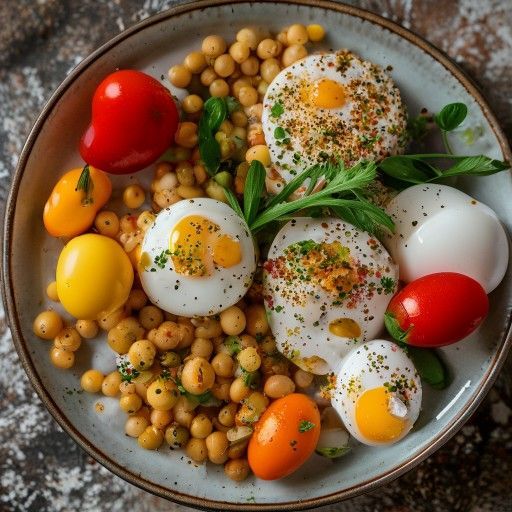 Poêle avec pois chiches, légumes et œufs