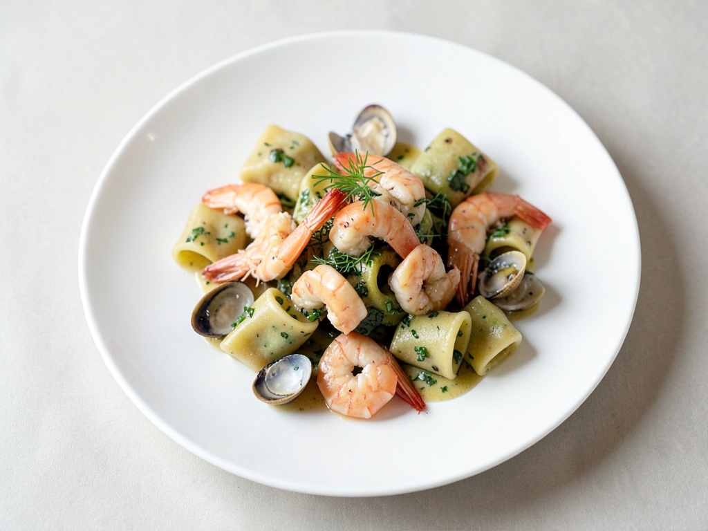 Raviolis aux pois chiches, crevettes et moules