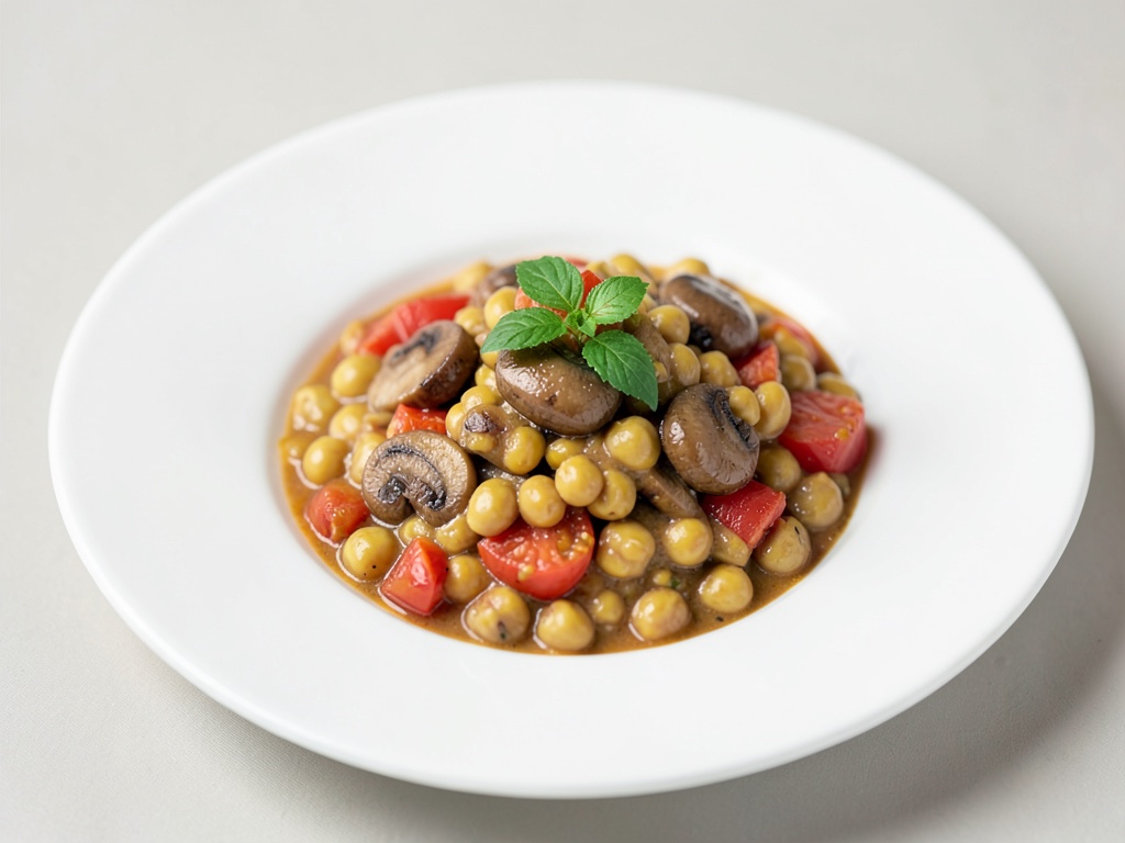 Guiso cremoso de garbanzos y tomate con setas